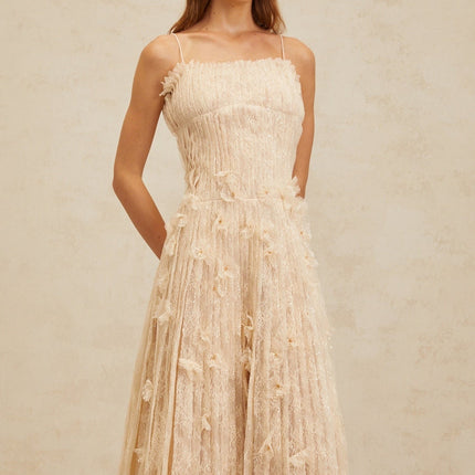 Kayla Midi Dress in Neutrals Floral Lace Bead Sequin Embellishments Square Neck Spaghetti Straps Sleeveless Pleated Detailing Rear Zip Fastening Terylene Fiber