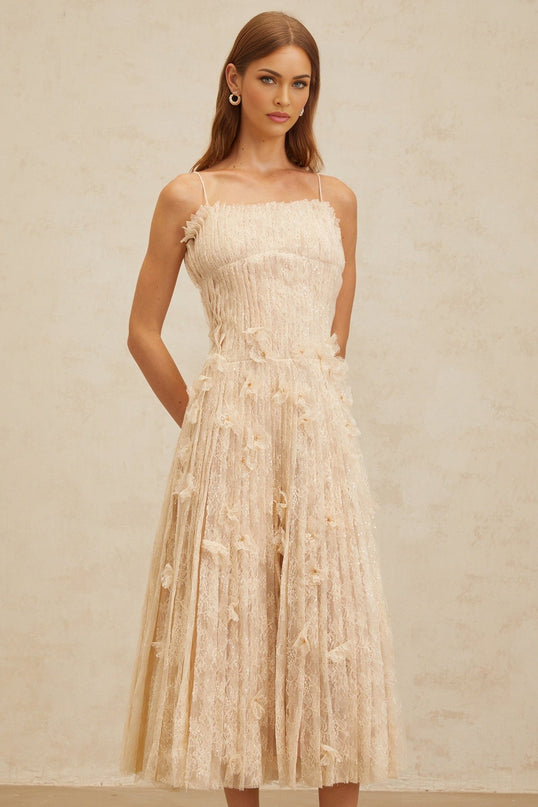 Kayla Midi Dress in Neutrals Floral Lace Bead Sequin Embellishments Square Neck Spaghetti Straps Sleeveless Pleated Detailing Rear Zip Fastening Terylene Fiber