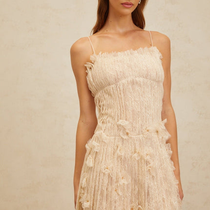 Kayla Midi Dress in Neutrals floral lace bead sequin embellishments square neck spaghetti straps sleeveless pleated detailing rear zip fastening 100% Terylene fiber midi-length elegance charm refined style