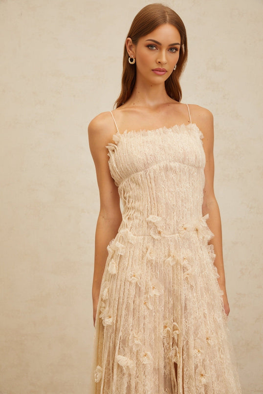 Kayla Midi Dress in Neutrals floral lace bead sequin embellishments square neck spaghetti straps sleeveless pleated detailing rear zip fastening 100% Terylene fiber midi-length elegance charm refined style