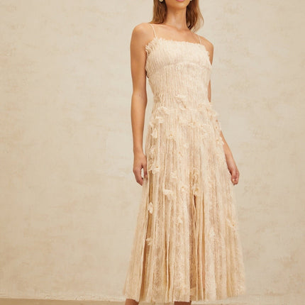 Kayla Midi Dress in Neutrals Lace Bead Sequin Square Neck Spaghetti Straps Sleeveless Pleated Rear Zip Terylene Fiber