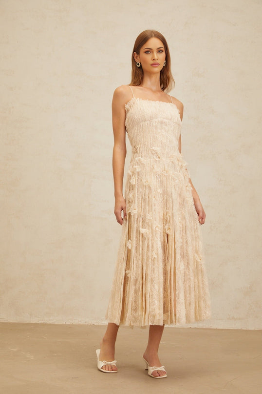 Kayla Midi Dress in Neutrals Lace Bead Sequin Square Neck Spaghetti Straps Sleeveless Pleated Rear Zip Terylene Fiber