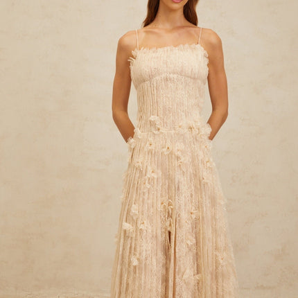 Kayla Midi Dress in Neutrals Floral Lace Bead Sequin Square Neck Spaghetti Straps Sleeveless Pleated Detailing Rear Zip 100% Terylene Fiber Grace Charm Elegance Style