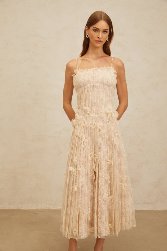 Kayla Midi Dress in Neutrals Floral Lace Bead Sequin Square Neck Spaghetti Straps Sleeveless Pleated Detailing Rear Zip 100% Terylene Fiber Grace Charm Elegance Style