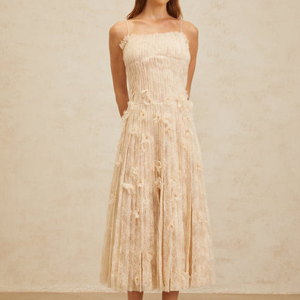 Kayla Neutrals Lace Bead Sequin Midi Dress Square Neck Spaghetti Straps Sleeveless Pleated Detailing Rear Zip Terylene Fiber
