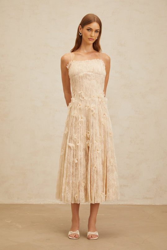Kayla Neutrals Lace Bead Sequin Midi Dress Square Neck Spaghetti Straps Sleeveless Pleated Detailing Rear Zip Terylene Fiber