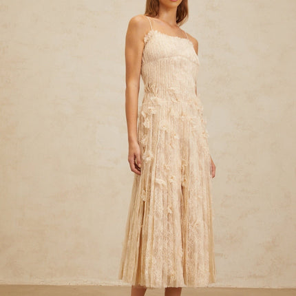 Kayla Midi Dress in Neutrals lace bead sequin square neck spaghetti straps sleeveless pleats zip fastening Terylene fiber elegance charm style