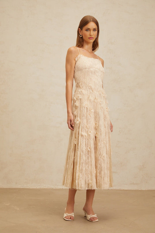 Kayla Midi Dress in Neutrals lace bead sequin square neck spaghetti straps sleeveless pleats zip fastening Terylene fiber elegance charm style