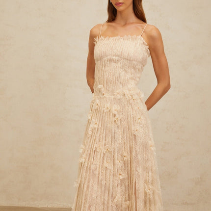Kayla Midi Dress in Neutrals Lace Bead Sequin Square Neck Spaghetti Straps Sleeveless Pleated Rear Zip Terylene Fiber