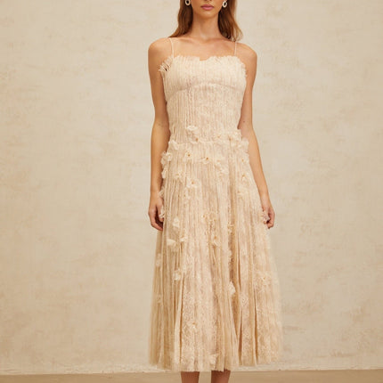 Kayla Midi Dress in Neutrals Lace Bead Sequin Square Neck Spaghetti Straps Sleeveless Pleated Zip Fastening Terylene Fiber