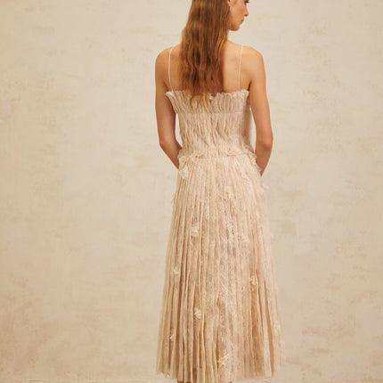 Kayla Neutrals Lace Bead Sequin Midi Dress Square Neck Spaghetti Straps Sleeveless Pleated Detailing Rear Zip Terylene Fiber
