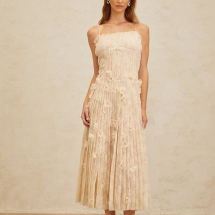 Kayla Neutrals Lace Bead Sequin Midi Dress Square Neck Spaghetti Straps Sleeveless Pleated Zip Terylene Fiber