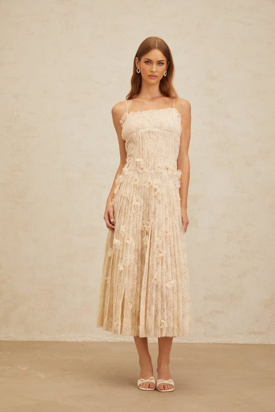 Kayla Neutrals Lace Bead Sequin Midi Dress Square Neck Spaghetti Straps Sleeveless Pleated Zip Terylene Fiber