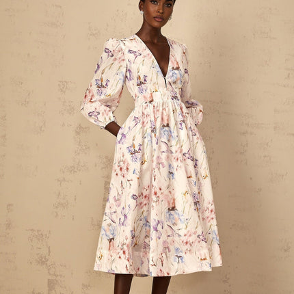 Kayla White Floral Midi Dress with Puff Sleeves and Cinched Waist