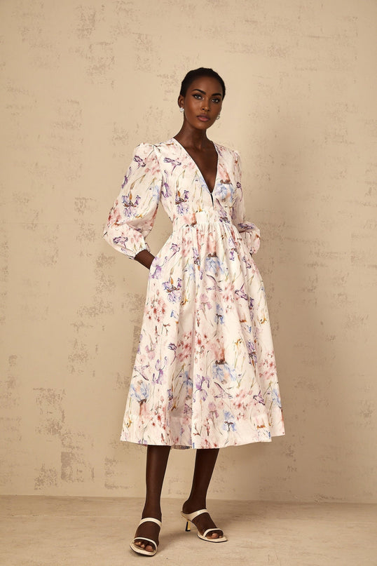 Kayla White Floral Midi Dress with Puff Sleeves and Cinched Waist