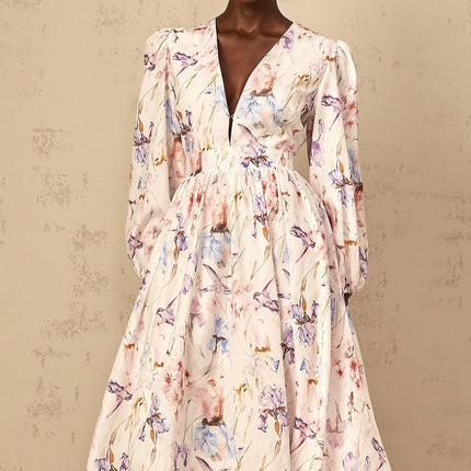 Kayla White Floral Print Midi Dress with Puff Sleeves and Cinched Waist