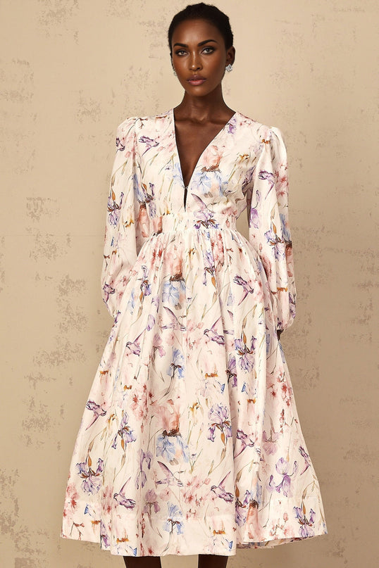 Kayla White Floral Print Midi Dress with Puff Sleeves and Cinched Waist