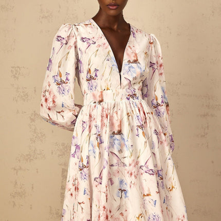 Kayla White Floral Print Midi Dress with Puff Sleeves and Cinched Waist