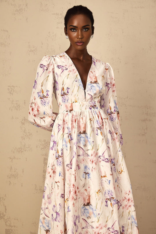 Kayla White Floral Print Midi Dress with Puff Sleeves and Cinched Waist