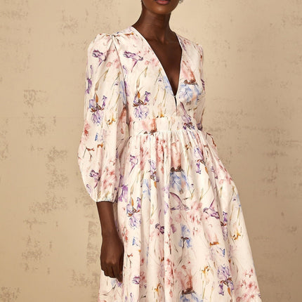 Kayla White Floral Print Midi Dress with Puff Sleeves and Cinched Waist