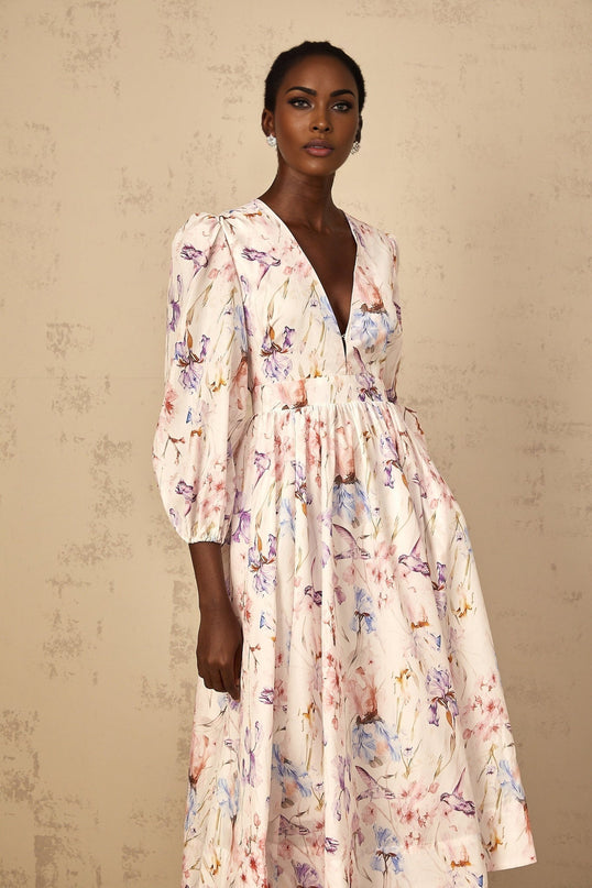 Kayla White Floral Print Midi Dress with Puff Sleeves and Cinched Waist