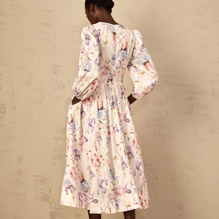 Kayla White Floral Print Midi Dress with Puff Sleeves and Cinched Waist