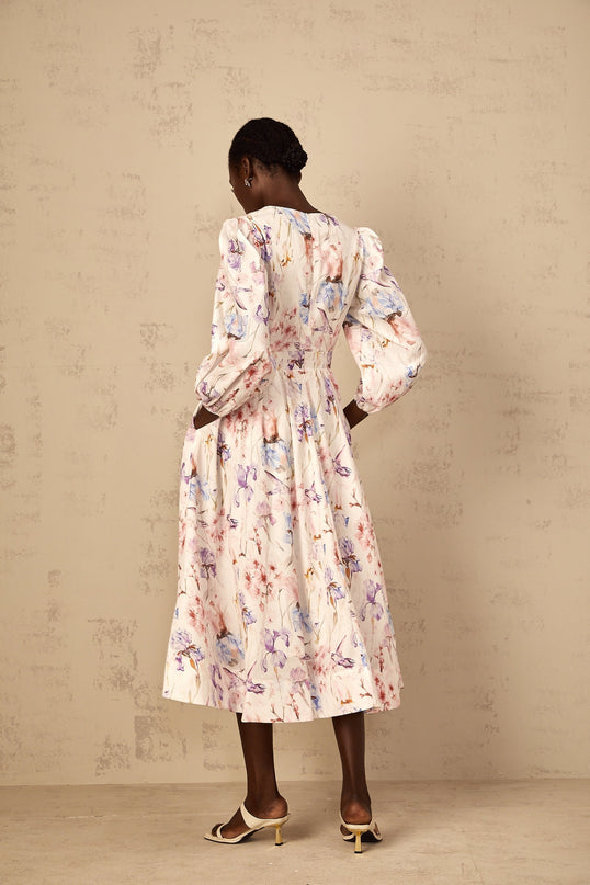 Kayla White Floral Print Midi Dress with Puff Sleeves and Cinched Waist