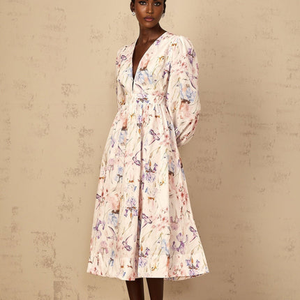 Kayla White Floral Print Midi Dress with Puff Sleeves and Side Slit Pockets