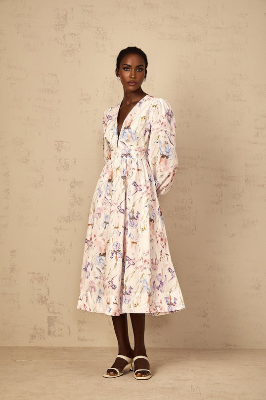 Kayla White Floral Print Midi Dress with Puff Sleeves and Side Slit Pockets