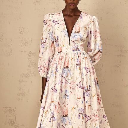 Kayla White Floral Print Midi Dress with V-Neck and Puff Sleeves