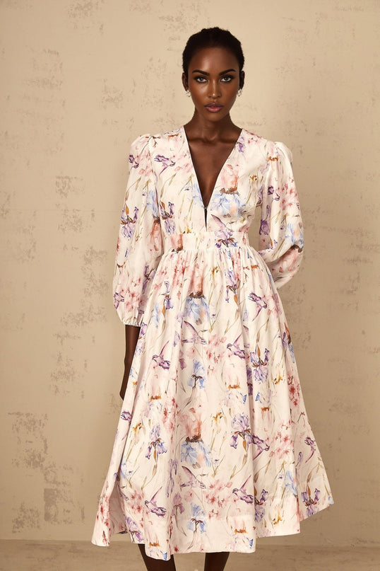 Kayla White Floral Print Midi Dress with V-Neck and Puff Sleeves