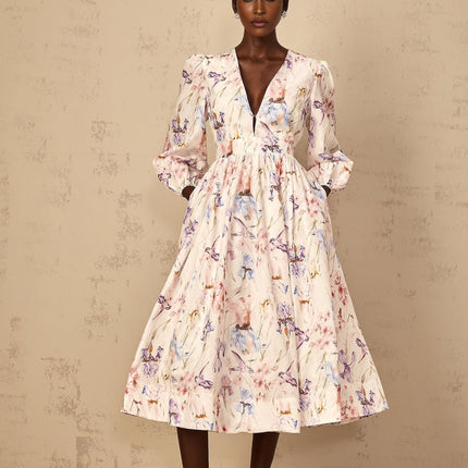 Kayla White Floral Print Midi Dress with Puff Sleeves and Cinched Waist