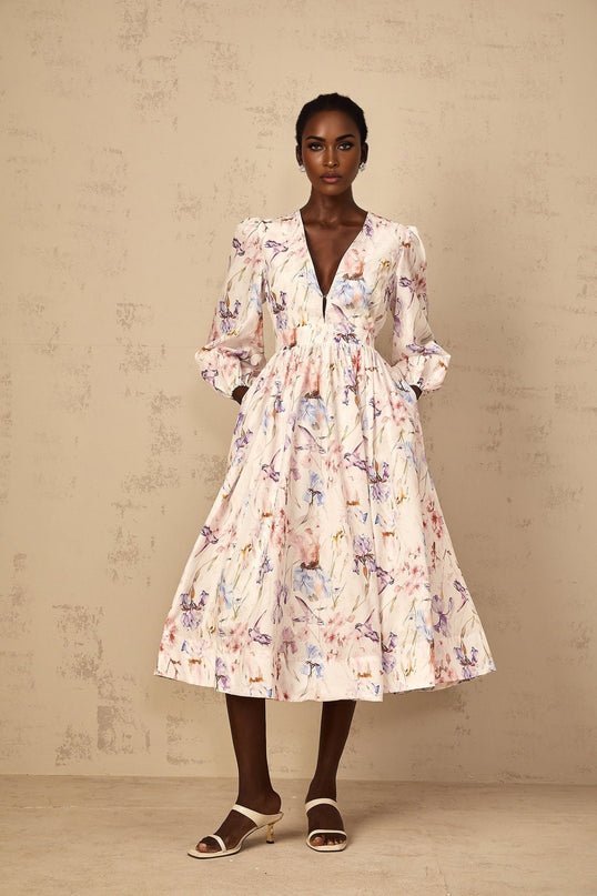 Kayla White Floral Print Midi Dress with Puff Sleeves and Cinched Waist