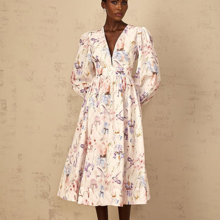 Kayla White Floral Print Midi Dress with Puff Sleeves and Cinched Waist