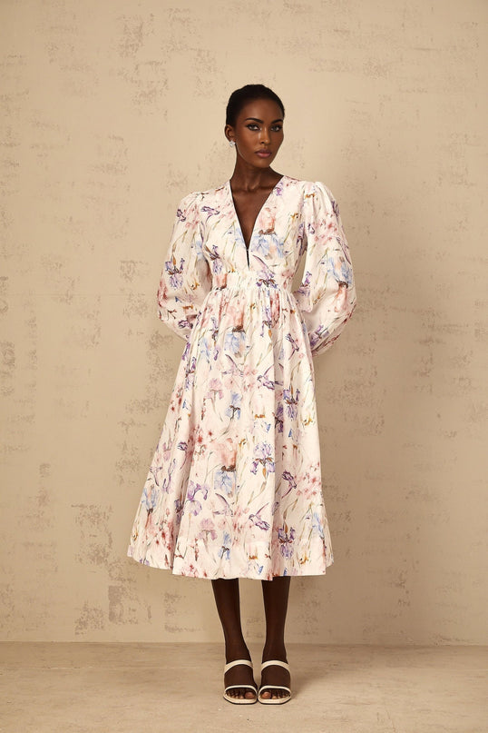 Kayla White Floral Print Midi Dress with Puff Sleeves and Cinched Waist