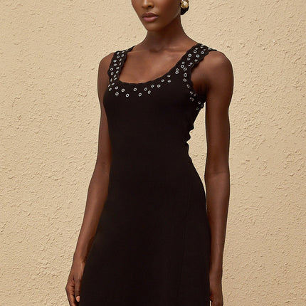Kayleigh Black Knit Mini Dress with U-neck and Eyelet Detailing