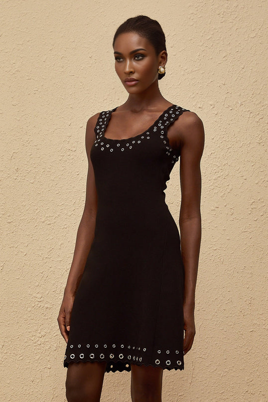 Kayleigh Black Knit Mini Dress with U-neck and Eyelet Detailing