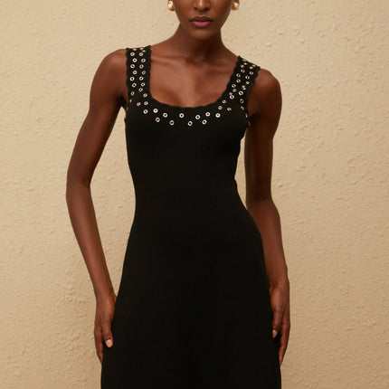 Kayleigh Black Knit Mini Dress with Eyelet Detailing and Scallop Hem