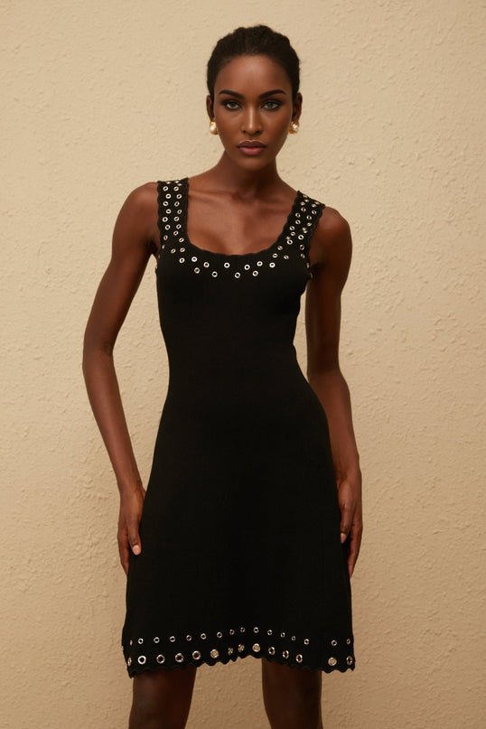 Kayleigh Black Knit Mini Dress with Eyelet Detailing and Scallop Hem