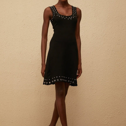 Kayleigh Black Knit Mini Dress with Eyelet Detailing and Scallop Hem