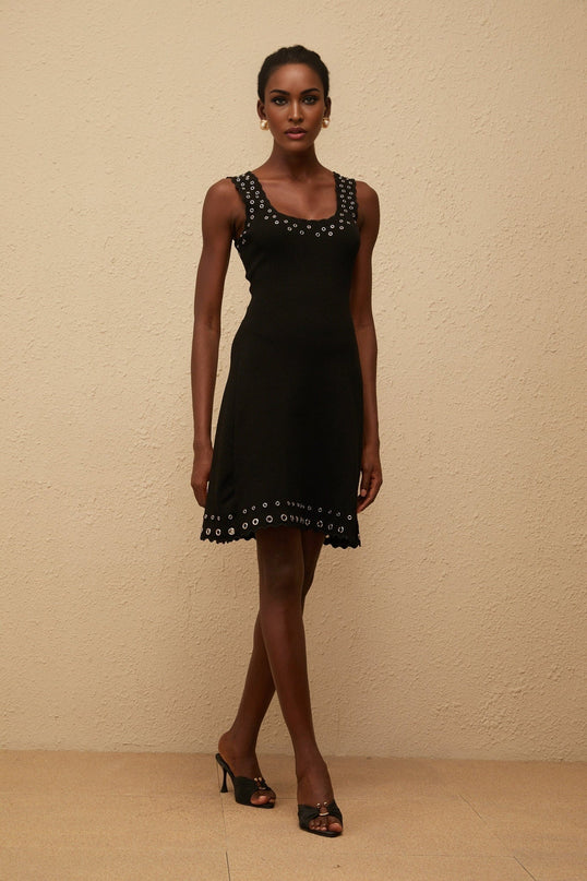 Kayleigh Black Knit Mini Dress with Eyelet Detailing and Scallop Hem