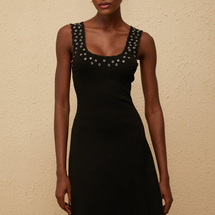 Kayleigh Black Knit Mini Dress with Eyelet Detailing and Scalloped Hem