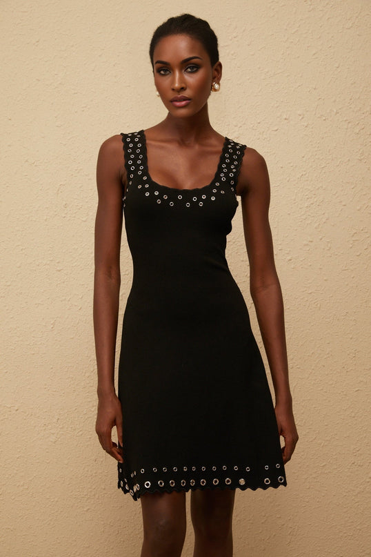 Kayleigh Black Knit Mini Dress with Eyelet Detailing and Scalloped Hem