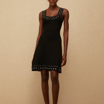 Kayleigh Black Knit Mini Dress with Eyelet Detailing and Scallop Hem