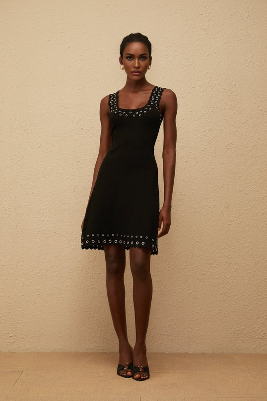 Kayleigh Black Knit Mini Dress with Eyelet Detailing and Scallop Hem
