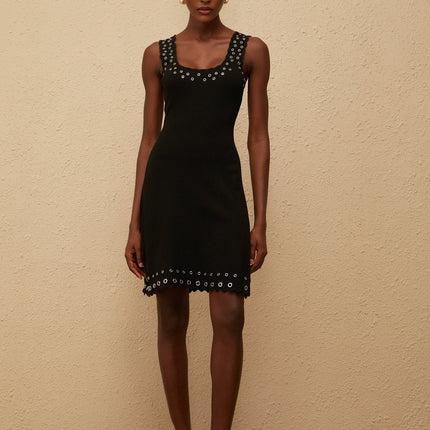 Kayleigh Black Knit Mini Dress with U-neck and Eyelet Detailing