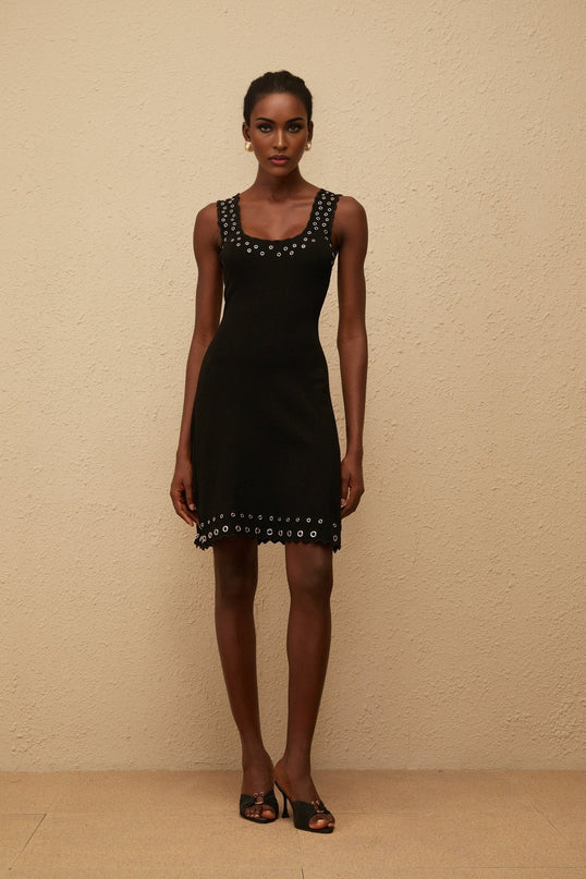 Kayleigh Black Knit Mini Dress with U-neck and Eyelet Detailing