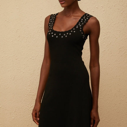 Kayleigh Black Knit Mini Dress with U-neck and Eyelet Detailing