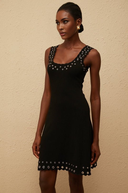 Kayleigh Black Knit Mini Dress with U-neck and Eyelet Detailing