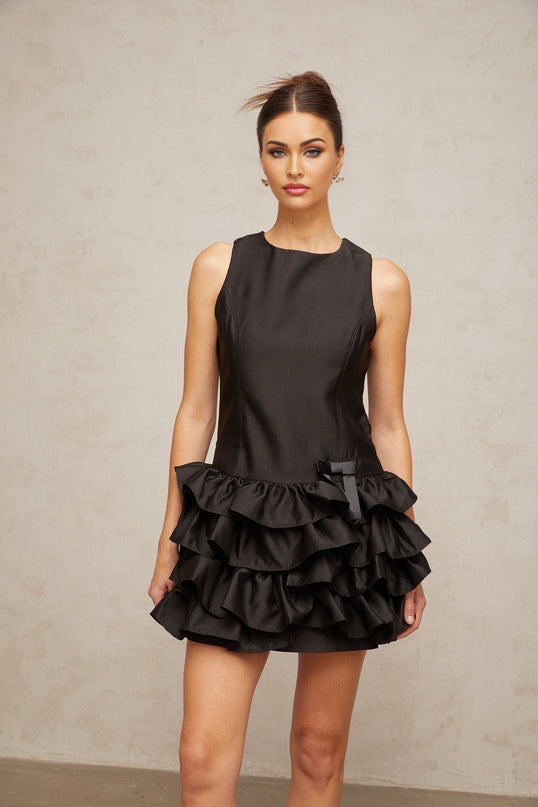 Kayleigh Black Mini Dress with Ruffled and Tiered Accents